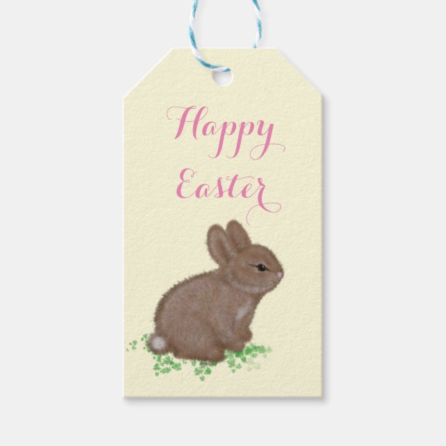 Cute Woodland Bunny i Klöver Glad påsk Presentetikett (Framsidan)