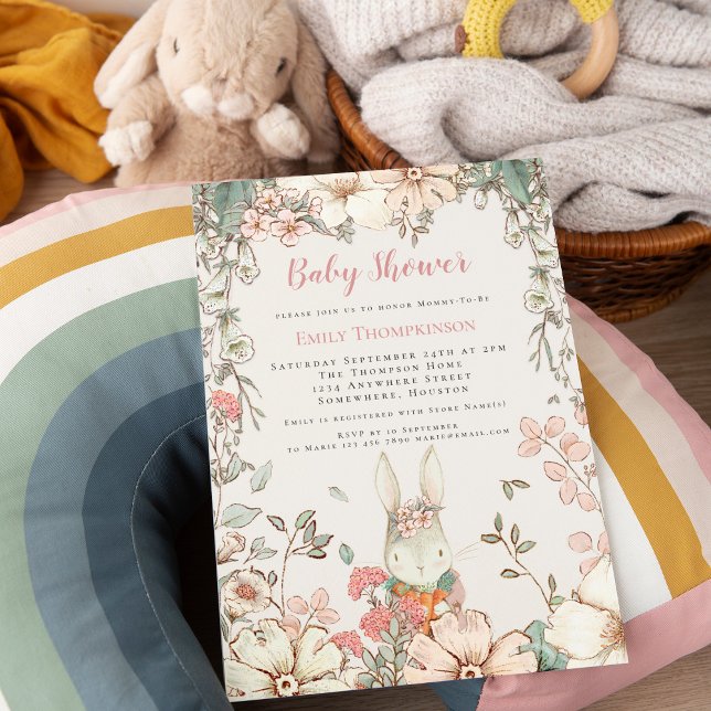 Cute Woodland Bunny Script Girl Baby Shower Inbjudningar (Skapare uppladdad)