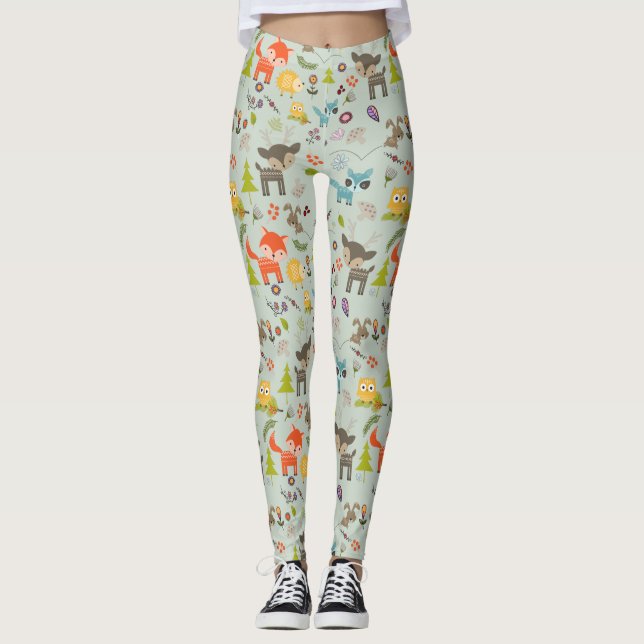 Cute Woodland CreatAnimal Mönster Leggings (Framsida)