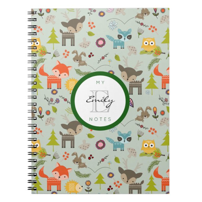 Cute Woodland CreatAnimal Mönster & Monogram Anteckningsbok Med Spiral (Framsidan)