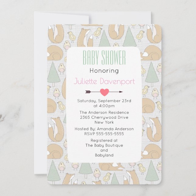 Cute Woodland Creaters Mönster Baby Shower Inbjuda Inbjudningar (Framsida)