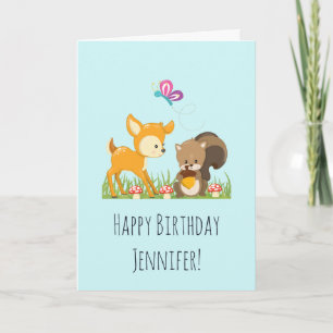 Cute Woodland Creaters Tecknad Birthday Kort