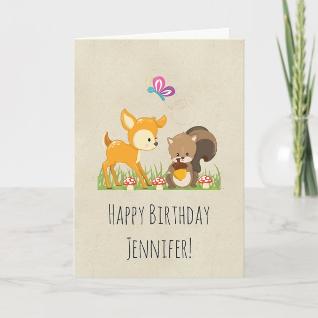 Cute Woodland Creaters Tecknad Birthday Kort (Framsida)