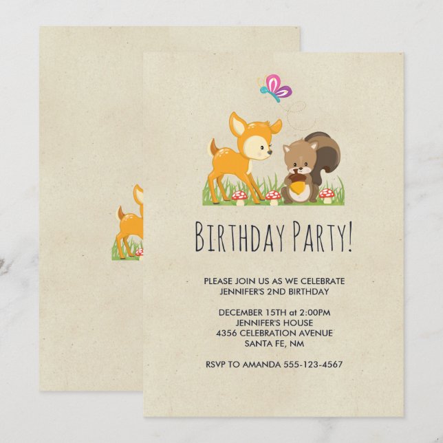 Cute Woodland Creaters Tecknad Teckning Birthday Inbjudningar (Fram/baksida)
