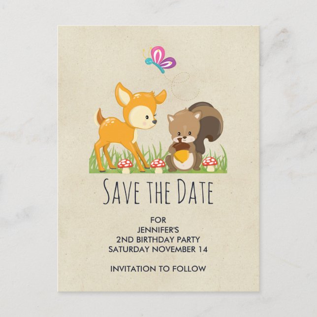 Cute Woodland Creator Tecknad Save the Date Inbjudan Vykort (Framsida)