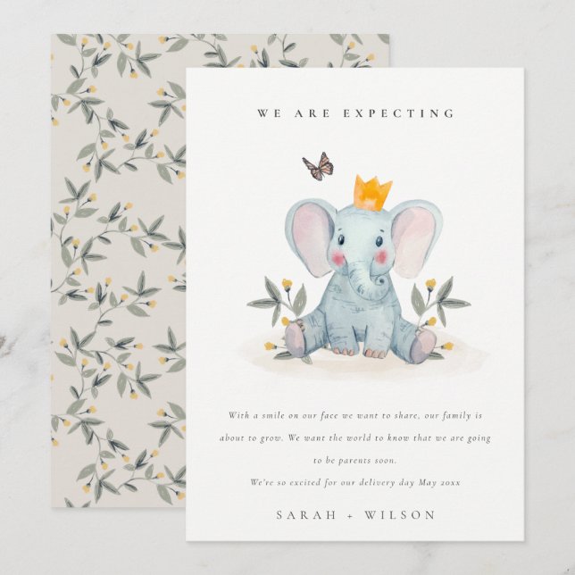 Cute Woodland Elephant Foliage Baby Announcement Tack Kort (Fram/baksida)
