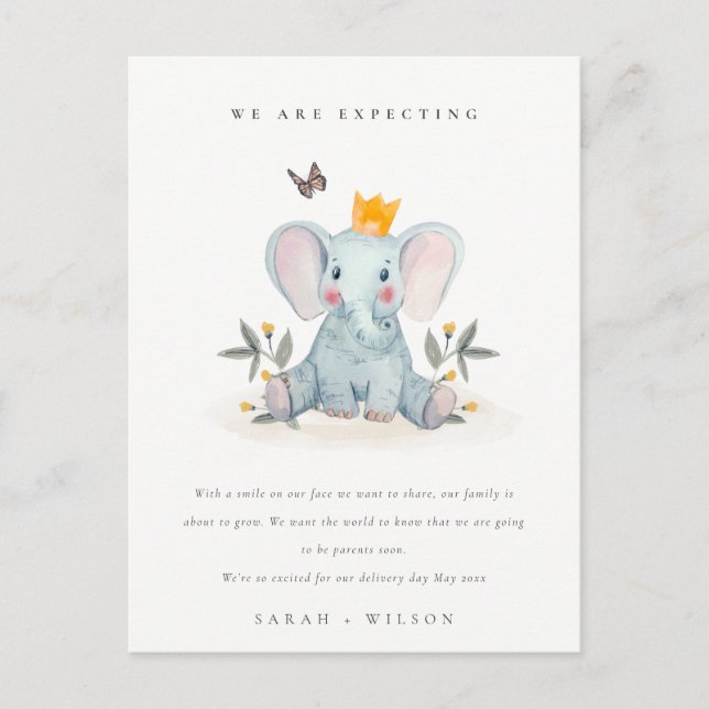 Cute Woodland Elephant Foliage Baby Announcement Vykort (Framsida)