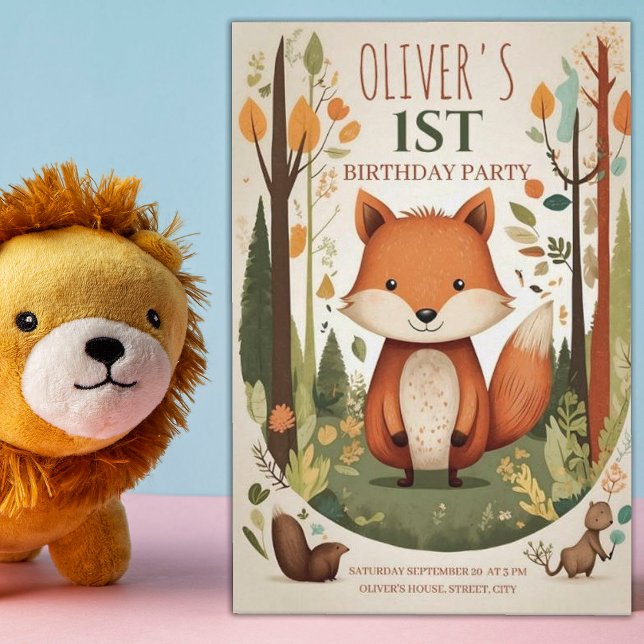 Cute Woodland Forest Animals 1:a födelsedagen Part Inbjudningar (Skapare uppladdad)