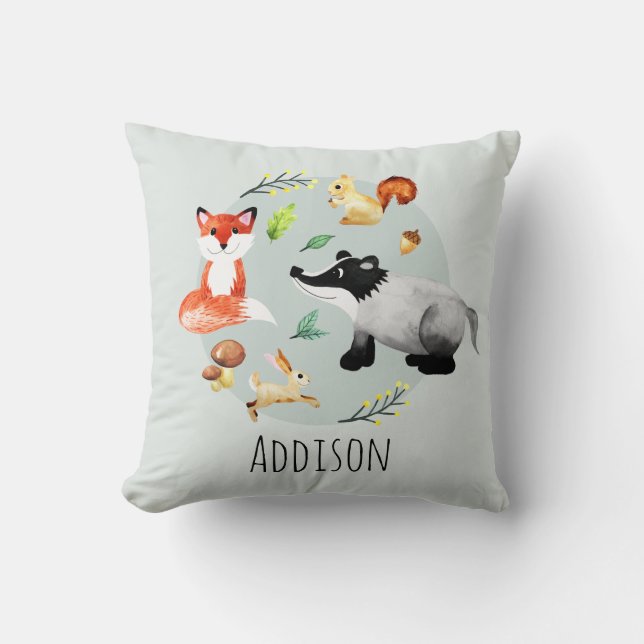 Cute Woodland Forest Animals Fox Namn Kids Kudde (Framsida)