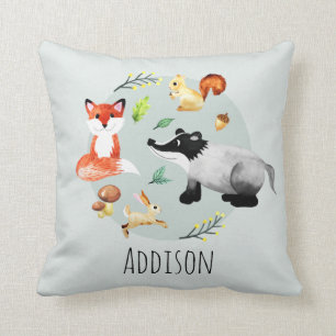 Cute Woodland Forest Animals Fox Namn Kids Kudde