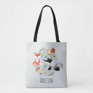 Cute Woodland Forest Animals Fox och Namn Kids Tygkasse