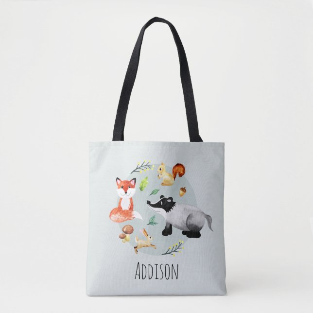 Cute Woodland Forest Animals Fox och Namn Kids Tygkasse (Framsida)