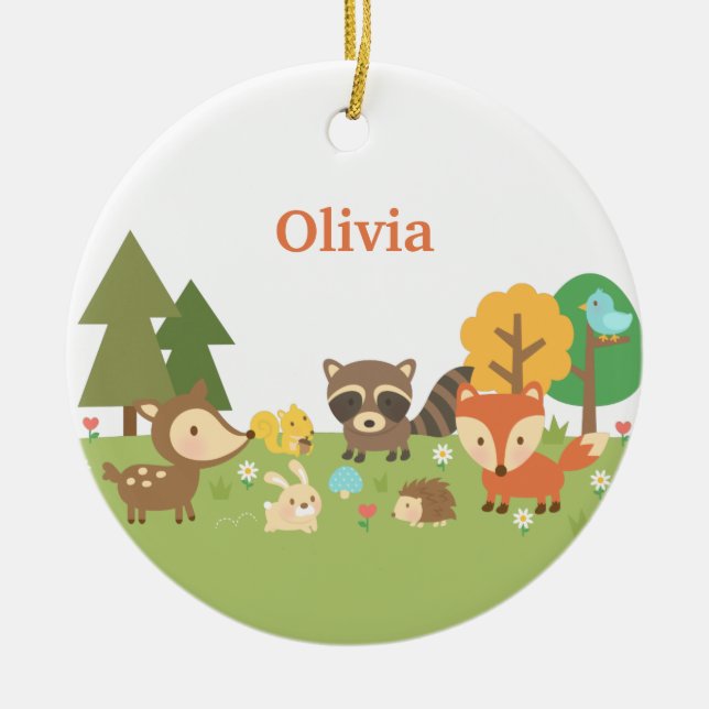 Cute Woodland Forest Animals Kids Room Decor Julgransprydnad Keramik (Framsidan)