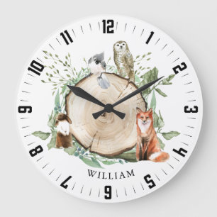 Cute Woodland Forest Animals Personlig Boy Namn Stor Klocka