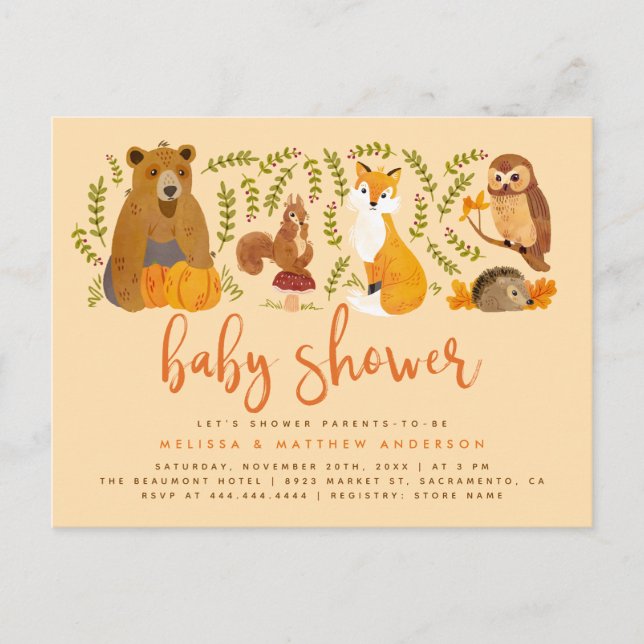 Cute Woodland Forest Animals Pumpkin Baby Shower Inbjudan Vykort (Framsida)
