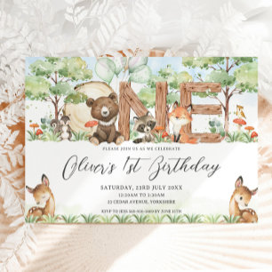 Cute Woodland Forest Animals Wood ONE 1:a födelsed Inbjudningar