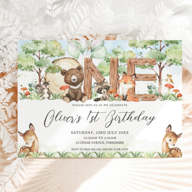 Cute Woodland Forest Animals Wood ONE 1:a födelsed Inbjudningar (Skapare uppladdad)