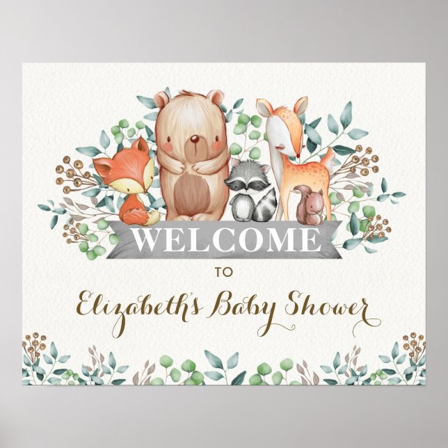 Cute Woodland Forest Birthday Baby Shower Poster (Framsidan)