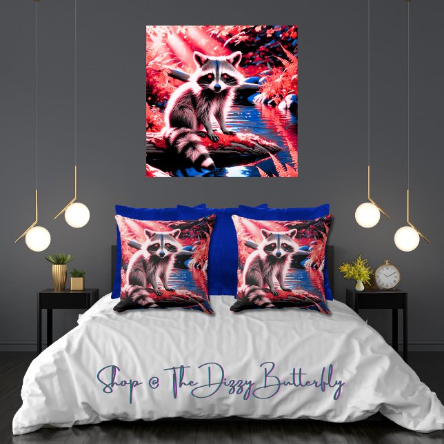 Cute Woodland Forest Raccoon Red Gnistra Nature Kudde (Woodland angel raccoon at one with the red crimson-kissed, sparkly forest 20 x 20 pillows (& more))