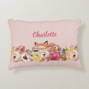 Cute Woodland Fox Asov på Blommor Rosa Namn Prydnadskudde