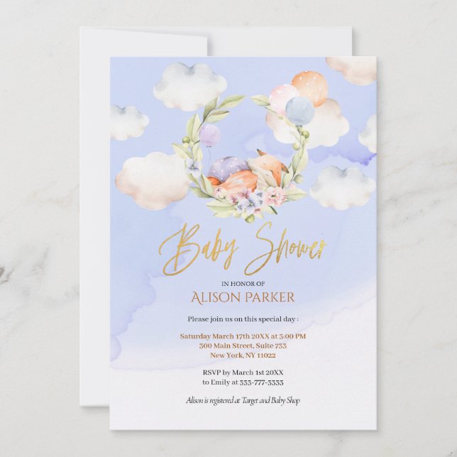 Cute Woodland Fox Blommigt Blå himmel Baby Shower Inbjudningar (Framsida)