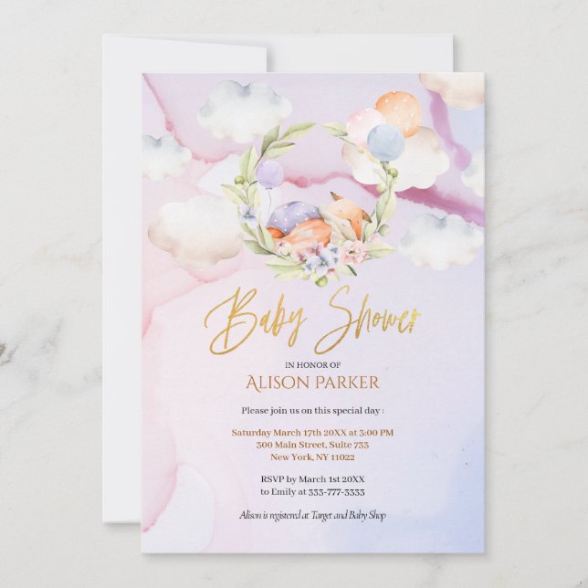 Cute Woodland Fox Blommigt Rosa Himlar Baby Shower Inbjudningar (Framsida)