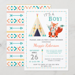 Cute Woodland Fox Boho Teepee Boy Shower Inbjudningar