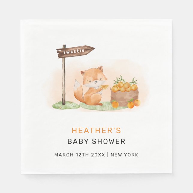 Cute Woodland Fox Citrus Orange Farm Baby Shower Pappersservett (Framsidan)