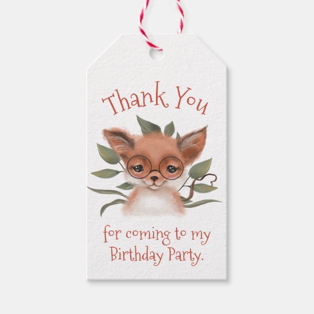 Cute Woodland Fox, Födelsedagsfest Tack Presentetikett (Framsidan)