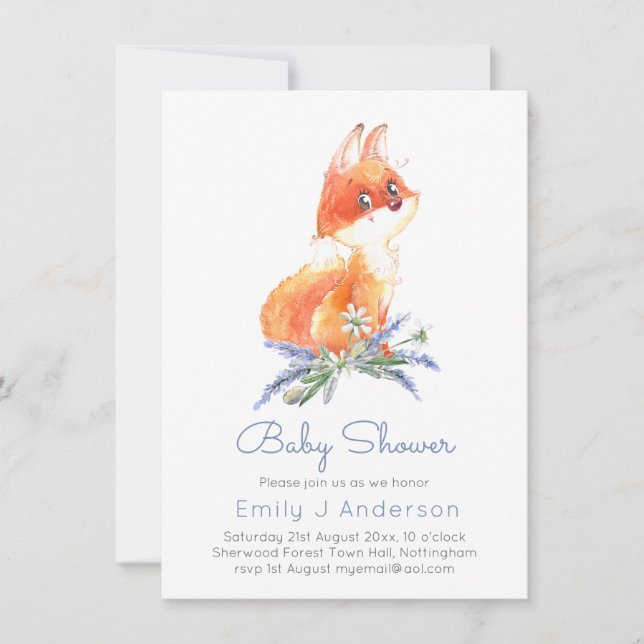 Cute Woodland Fox Lavender Baby Shower Incl Env. (Framsida)