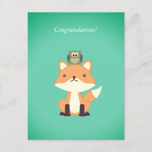 Cute Woodland Fox och Uggla Gratulerara nyfödda Ba Vykort