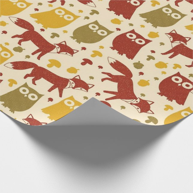 Cute Woodland Fox & Owl Pattern Presentpapper (Hörn)