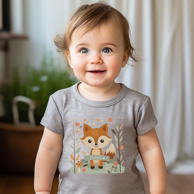 Cute Woodland fox, skogsdjur, könsneutrala T Shirt (Woodland fox, gender neutral baby t-shirts. Personalized Name.)