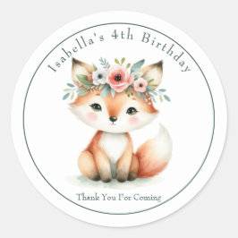 Cute Woodland Fox "Tack" Birthday Favor Runt Klistermärke