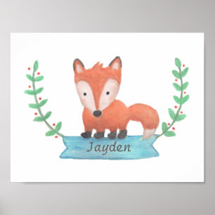 Cute Woodland Fox Teckning Baby Nursery Room Decor Poster