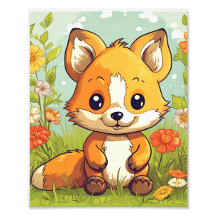 Cute Woodland Fox Tropical Flowers Fototryck