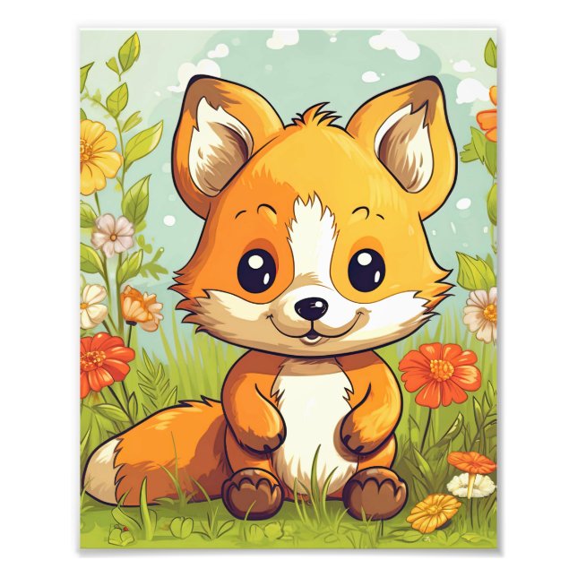 Cute Woodland Fox Tropical Flowers Fototryck (Framsidan)
