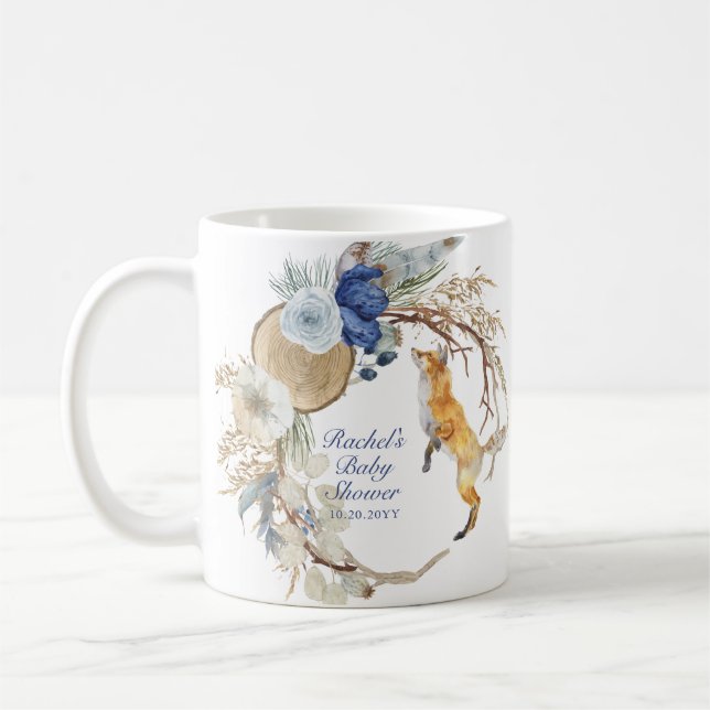 Cute Woodland Fox Watercolor Blommigt Baby Shower Kaffemugg (Vänster)