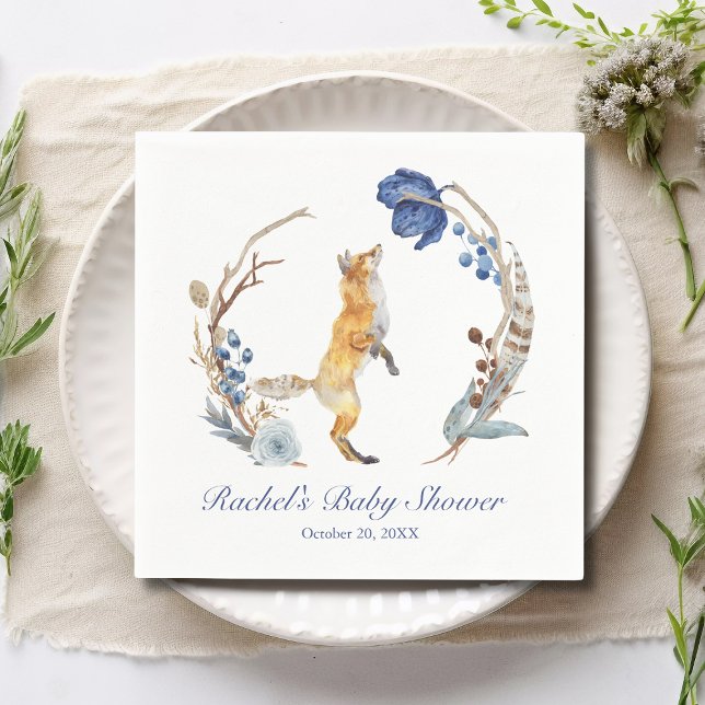 Cute Woodland Fox Watercolor Blommigt Baby Shower Pappersservett (Skapare uppladdad)