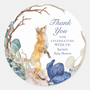 Cute Woodland Fox Watercolor Blommigt Baby Shower Runt Klistermärke