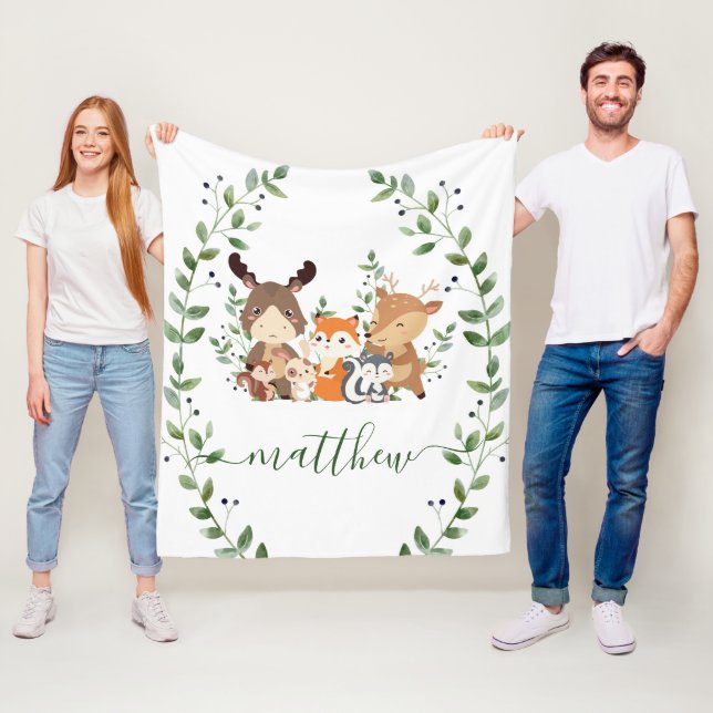 Cute Woodland Greenery Forest Animals Boy Nursery Fleecefilt (På plats)