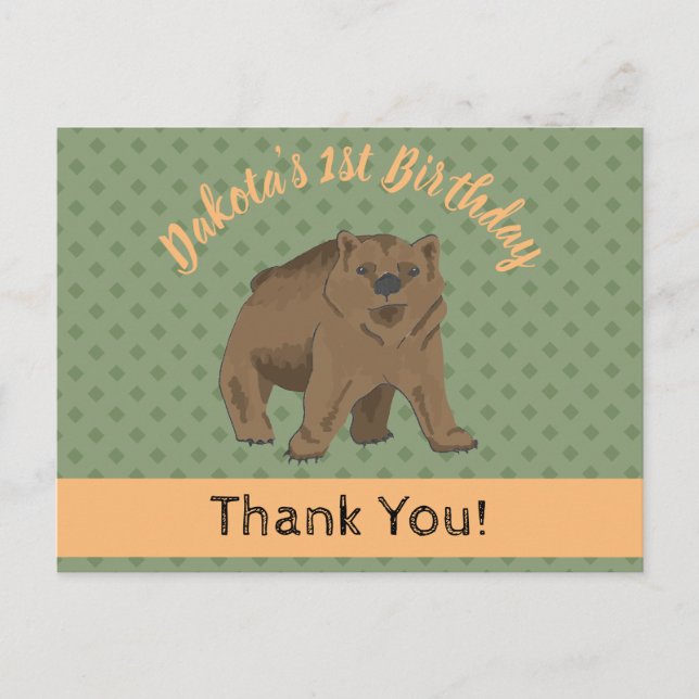 Cute Woodland Grizzly Bear Unge Tack Vykort (Framsida)