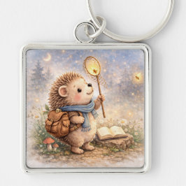 Cute Woodland Hedgehog & Firefly Fyrkantig Silverfärgad Nyckelring