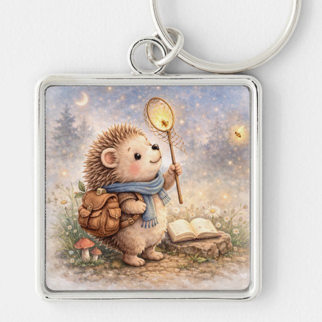 Cute Woodland Hedgehog & Firefly Fyrkantig Silverfärgad Nyckelring (Framsidan)