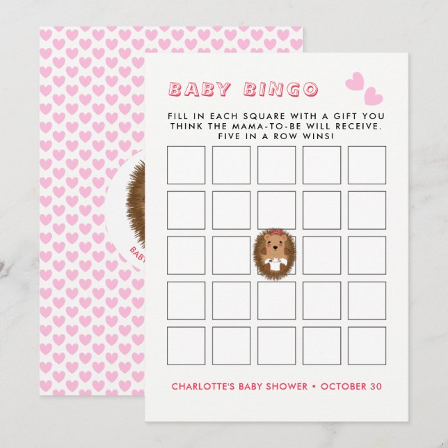 Cute Woodland Hedgehog Flicka Shower Bingo Game Inbjudningar (Fram/baksida)