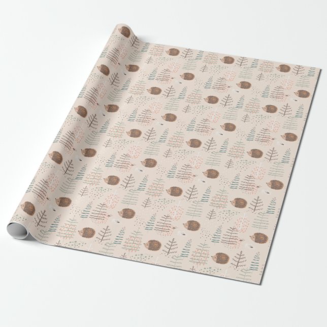 Cute Woodland Hedgehog Mönster Presentpapper (Utrullad)