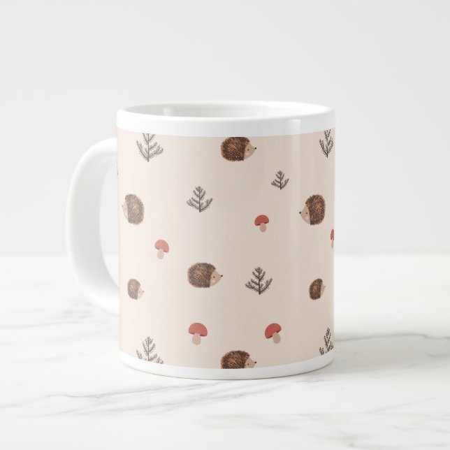 Cute Woodland Hedgehog & Mushroom Mönster Jumbo Mugg (Framsida vänster)