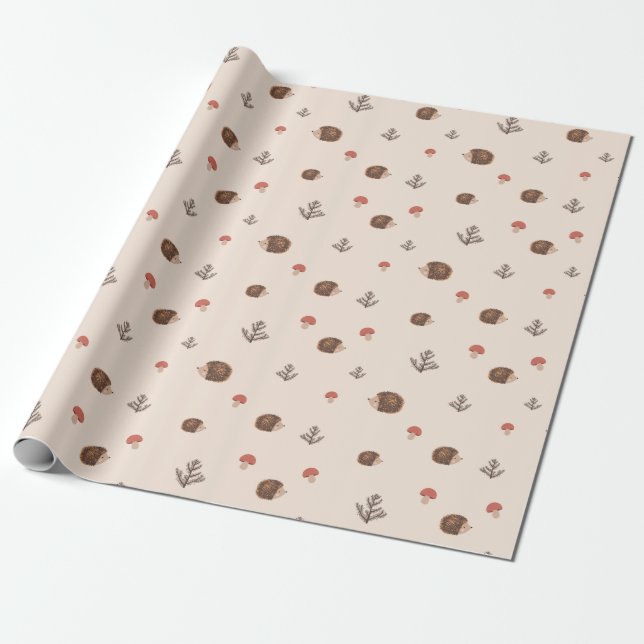 Cute Woodland Hedgehog & Mushroom Mönster Presentpapper (Utrullad)