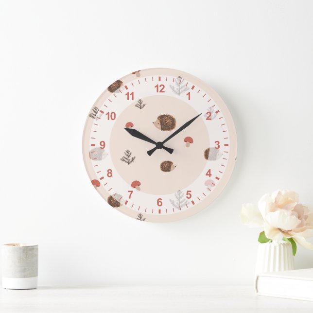 Cute Woodland Hedgehog & Mushroom Mönster Stor Klocka (Hem)