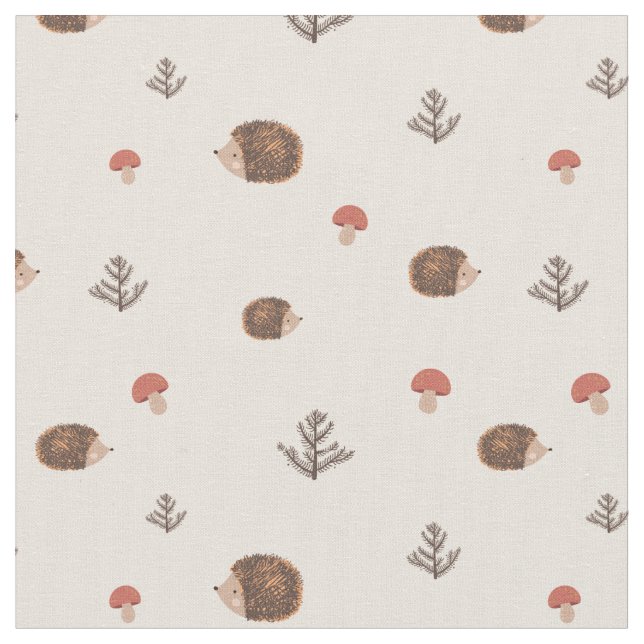 Cute Woodland Hedgehog & Mushroom Mönster Tyg (Närbild)